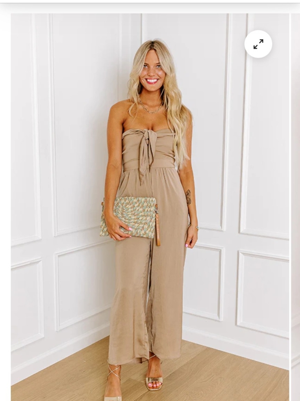 NWT Strapless Tie-Front Wide-Leg Jumpsuit - Taupe